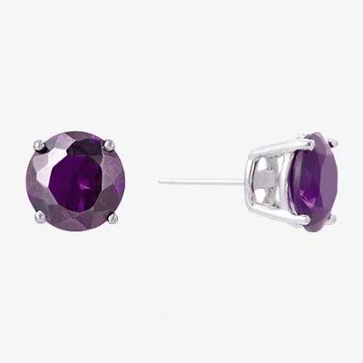 Silver Treasures Purple Cubic Zirconia Sterling Silver 7.1mm Stud Earrings In Metallic