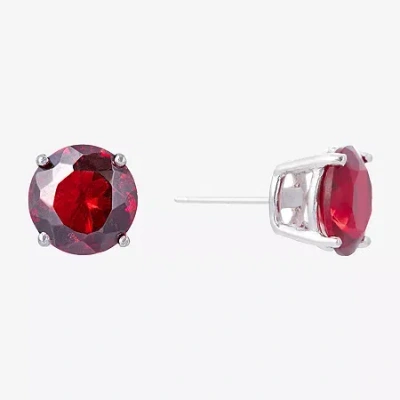 Silver Treasures Red Cubic Zirconia Sterling Silver 7.1mm Stud Earrings In Multi