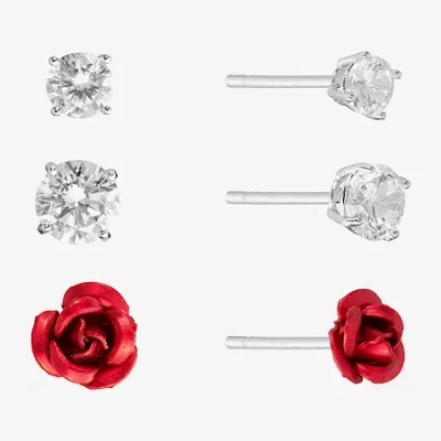 Silver Treasures Rose Womens Cubic Zirconia Sterling Silver Flower 3 Pair Earring Set In Multi