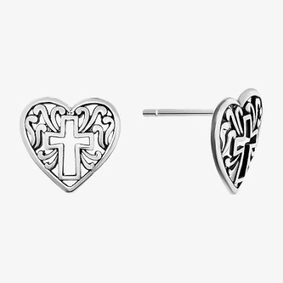 Silver Treasures Sterling Silver 10.4mm Cross Heart Stud Earrings