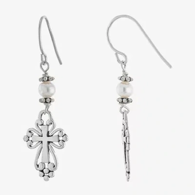Silver Treasures Sterling Silver Cultured Freshwater Pearl Cross Drop Earrings In White
