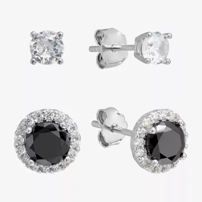 Silver Treasures Stud Womens Cubic Zirconia Sterling Silver 2 Pair Earring Set