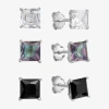 Silver Treasures Stud Womens Cubic Zirconia Sterling Silver 3 Pair Earring Set In Silver