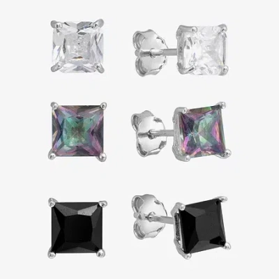 Silver Treasures Stud Womens Cubic Zirconia Sterling Silver 3 Pair Earring Set