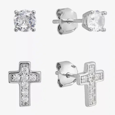 Silver Treasures Stud Womens Cubic Zirconia Sterling Silver Cross 2 Pair Earring Set In Metallic
