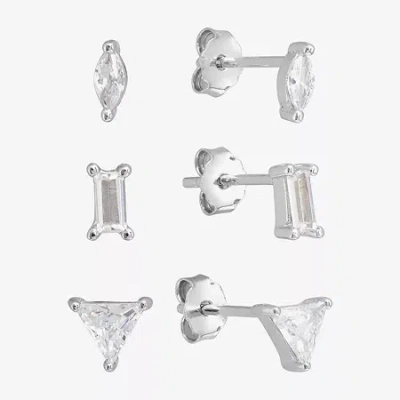 Silver Treasures Stud Womens Cubic Zirconia Sterling Silver Triangle 3 Pair Earring Set In White