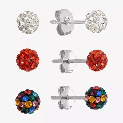 Silver Treasures Stud Womens Multi Color Crystal Sterling Silver 3 Pair Earring Set In Metallic