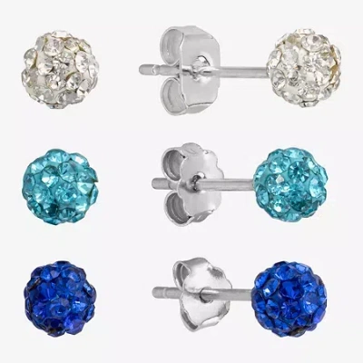 Silver Treasures Stud Womens Multi Color Crystal Sterling Silver 3 Pair Earring Set