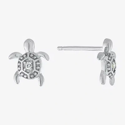 Silver Treasures Turtle Cubic Zirconia Sterling Silver 9.1mm Stud Earrings In Metallic
