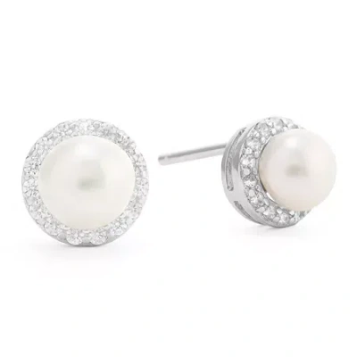 Silver Treasures White Cultured Freshwater Pearl 8.5mm Round Stud Earrings In Transparent