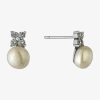 Silver Treasures White Simulated Pearl Sterling Silver 10.7mm Flower Stud Earrings In Gold