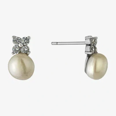 Silver Treasures White Simulated Pearl Sterling Silver 10.7mm Flower Stud Earrings In Gold