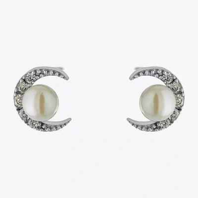Silver Treasures White Simulated Pearl Sterling Silver 7.3mm Stud Earrings In Metallic