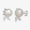 Silver Treasures White Simulated Pearl Sterling Silver Round Stud Earrings In Metallic