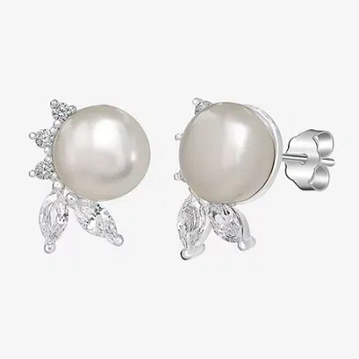 Silver Treasures White Simulated Pearl Sterling Silver Round Stud Earrings In Transparent