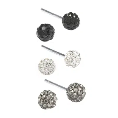Silver Treasures Womens Black Crystal Sterling Silver Ball 3 Pair Earring Set