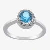 Silver Treasures Womens Blue Crystal Sterling Silver Round Halo Engagement Ring In Metallic