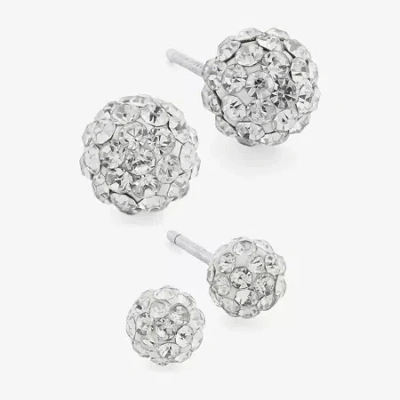 Silver Treasures Womens Crystal Sterling Silver Ball 2 Pair Earring Set In Transparent