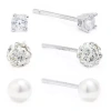 Silver Treasures Womens Cubic Zirconia Cultured Freshwater Pearl Sterling Silver 3 Pair Earring Set In Transparent