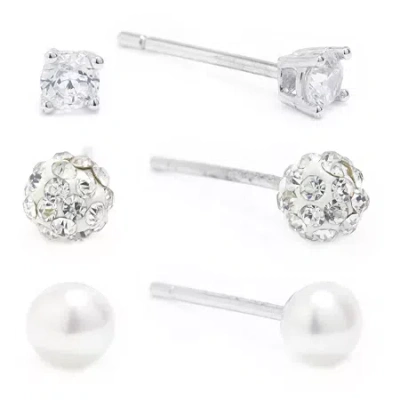 Silver Treasures Womens Cubic Zirconia Cultured Freshwater Pearl Sterling Silver 3 Pair Earring Set In Transparent