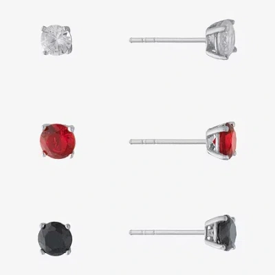 Silver Treasures Womens Cubic Zirconia Sterling Silver 3 Pair Earring Set