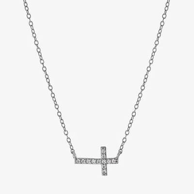 Silver Treasures Womens Cubic Zirconia Sterling Silver Cross 16 Inch Pendant Necklace