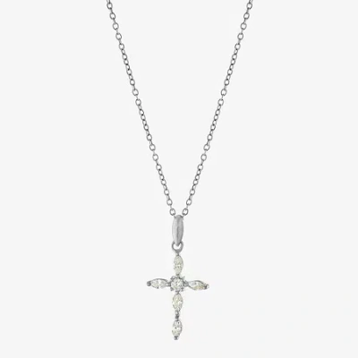Silver Treasures Womens Cubic Zirconia Sterling Silver Cross 18 Inch Pendant Necklace In Metallic
