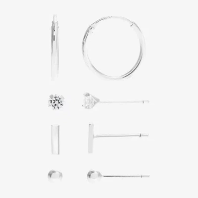 Silver Treasures Womens Cubic Zirconia Sterling Silver Hypoallergenic 4 Pair Earring Set In Metallic