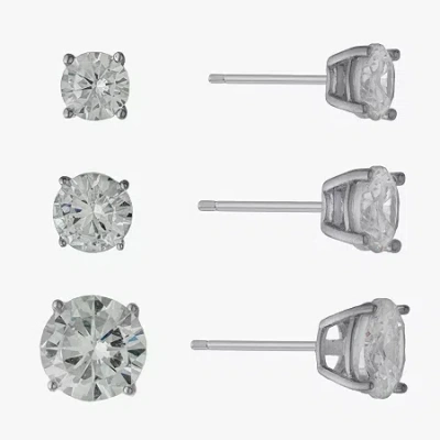 Silver Treasures Womens Cubic Zirconia Sterling Silver Round 3 Pair Earring Set