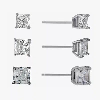 Silver Treasures Womens Cubic Zirconia Sterling Silver Square 3 Pair Earring Set In Transparent
