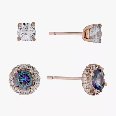 Silver Treasures Womens Multi Color Cubic Zirconia 14k Rose Gold Over Silver 2 Pair Earring Set