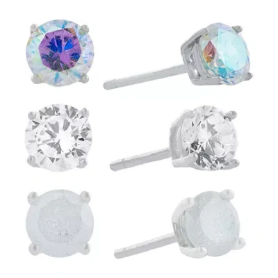 Silver Treasures Womens Mystic Fire Cubic Zirconia Sterling Silver 3 Pair Earring Set