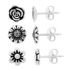 Silver Treasures Womens Sterling Silver Flower 3 Pair Earring Set In Metallic