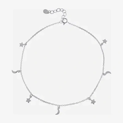Silver Treasures Womens Sterling Silver Semisolid Cable Moon Star Ankle Bracelet In Transparent