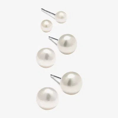Silver Treasures Womens White Cultured Freshwater Pearl Sterling Silver Ball 3 Pair Earring Set