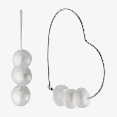 Silver Treasures Womens White Simulated Pearl Sterling Silver 27.1mm Heart Hoop Earrings In Transparent