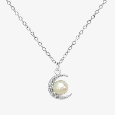 Silver Treasures Womens White Simulated Pearl Sterling Silver Moon 18 Inch Pendant Necklace In Transparent