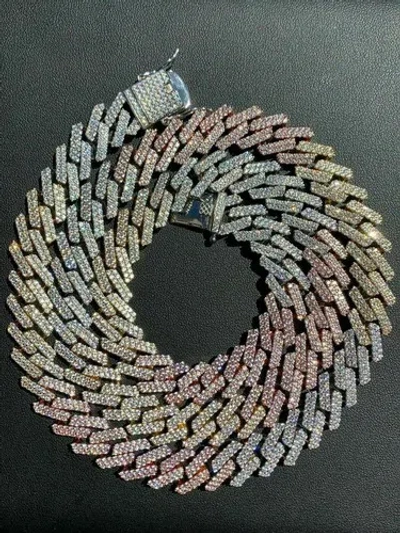 Pre-owned Silver Tri Color Miami Cuban Prong Chain Yellow Rose Gold Plated Solid 925  Cz