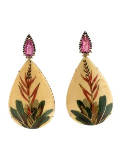 Pre-owned Silvia Furmanovich 18k 2.33ctw Tourmaline, Marquetry Wood, & Diamond Earrings In Green/red/yellow