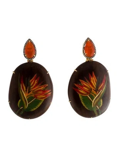 Pre-owned Silvia Furmanovich 18k 4.54ctw Fire Opal, Diamond & Wood Bird Of Paradise Marquetry Earrings In Brown/green/orange