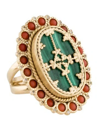 Pre-owned Silvia Furmanovich 18k Coral, Malachite & Diamond Cocktail Ring In Multi