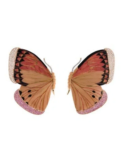 Pre-owned Silvia Furmanovich 18k Diamond, Sapphire & Wood Marquetry Butterfly Earrings In Multicolor