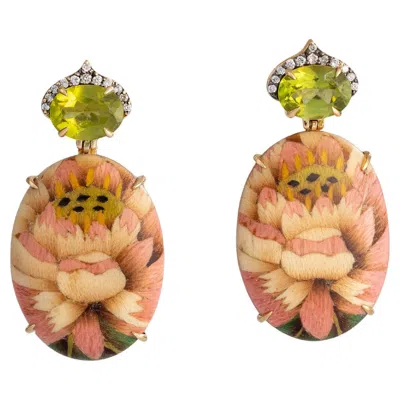 Pre-owned Silvia Furmanovich 18k Gold Peridot Diamond Marquetry Drop Earrings In Multi