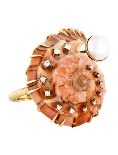 Pre-owned Silvia Furmanovich 18k Pearl, Snail Shell & Diamond Spiral Ring In Neutrals/pink