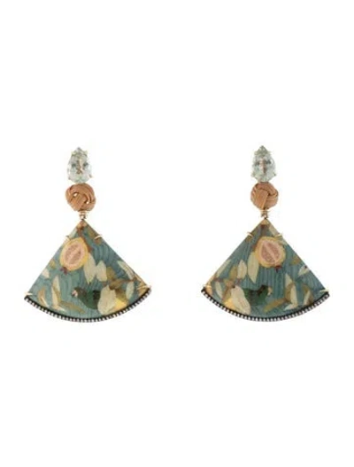 Pre-owned Silvia Furmanovich 18k Prasiolite, Diamond, Bamboo & Wood Marquetry Fan Drop Earrings In Brown/green/red