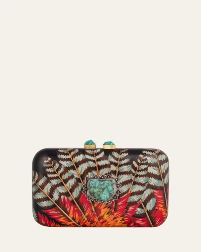 Silvia Furmanovich 18k White Gold Rectangular Marquetry Clutch With Feather Print And Turquoise Buckle