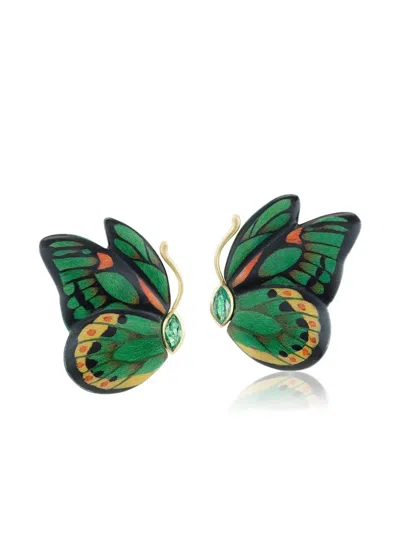 Silvia Furmanovich 18k Yellow Gold Butterfly Emerald Earrings In Green