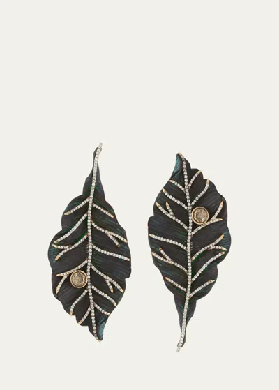 Silvia Furmanovich 18k Yellow Gold Carved Leaf Wood Earrings With Diamonds In Black