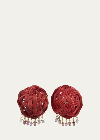 Silvia Furmanovich 18k Yellow Gold Earrings With Diamonds, Spinel And Bamboo In Red