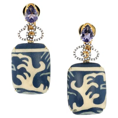 Pre-owned Silvia Furmanovich 18k Yellow Gold Iolite Diamond Marquetry Earrings